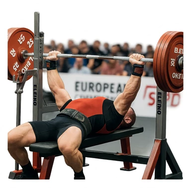 European powerlifter in federation, performing bench press, muscles tense, blurred audience background, competition details, isolated on white background sticker
