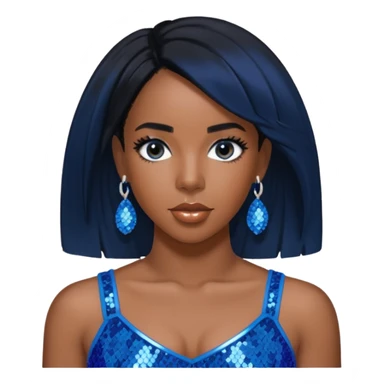 Kelly Rowland with black hair, blue sequin crop top, blue earring sticker