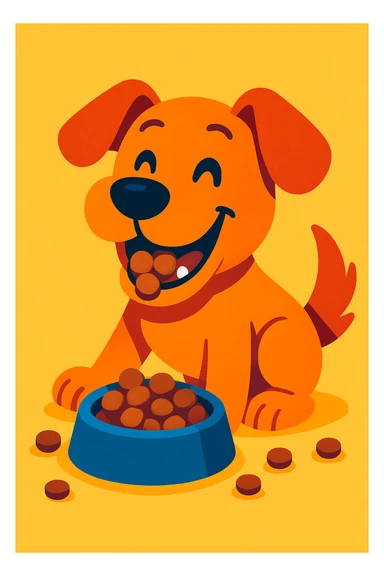 happy dog munching on kibble, vibrant toon style, playful art, joyful and lively sticker