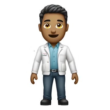 a male pharma employee, full body dressed with white jacket, short. with white bottons, crossed sticker