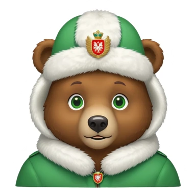 Cute brown bear head with green eyes, wearing white fur ushanka hat with prominent Russian Federation coat of arms on front, iOS emoji style sticker
