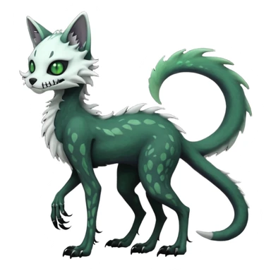 Scaley Kawaii spectral spooky dark bleak blackish swampy white-skeletal gloomy ghostly dark greyish dark-deep-greenish foggy eldritch beautiful realistic edgy fantasy ghoul-like stitched feline-vernid-sergal-fursona animal creature with a tufted tail full body with intricate markings  sticker