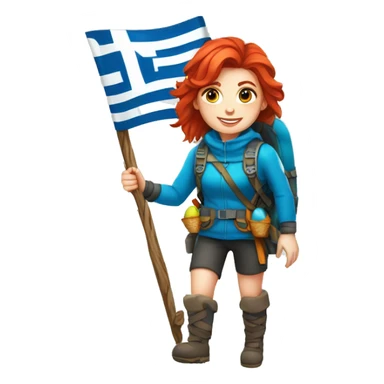 Female winter mountaineer red hair white skin climbing with Greek Flag and Easter eggs basket sticker