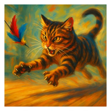 dynamic scene of a cat attacking a toy sticker