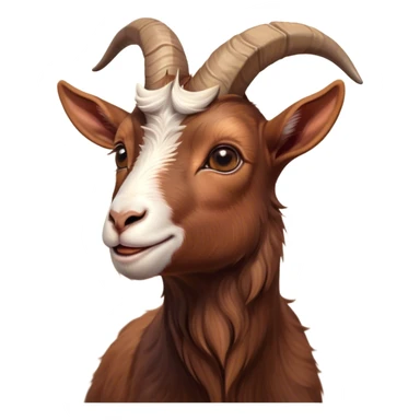 Cinematic Cute Brown Goat Portrait Emoji, Head tilted playfully and inquisitively, featuring a glossy, rich brown fur with charming curved horns, round, sparkling eyes filled with gentle curiosity, Simplified yet irresistibly adorable features, highly detailed, glowing with a warm, friendly glow, high shine, affectionate and lively, stylized with a touch of rustic whimsy, bright and endearing, soft glowing outline, capturing the essence of a mischievous yet loving goat, so playful it feels like it could trot out of the screen and into your arms! sticker