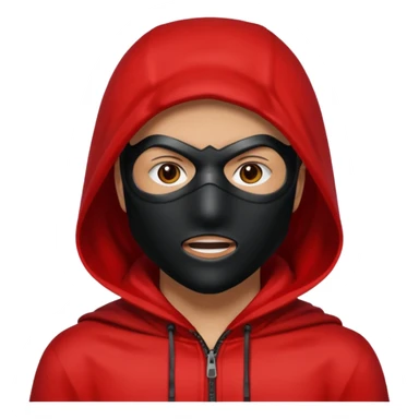 Q person with a red hood on and a black mask with a white square in the middle  sticker