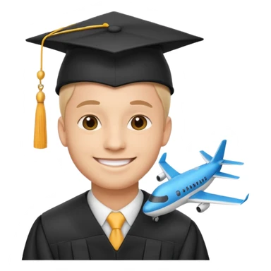 emoji man student at university with graduation cap and airplane, happy, white background sticker