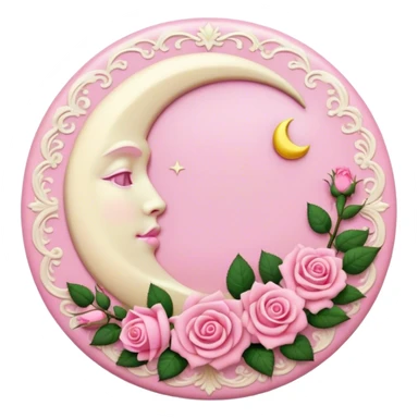 A round pink button with a cream colored crescent damask moon and pink roses in the center sticker