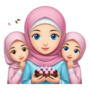 Turkish beautiful finish Konya girl blue eyes with cherry blossom hijab islamic dress and had on her hand text Eid Mubarak with sweets and celebrating with her friends eid days   sticker