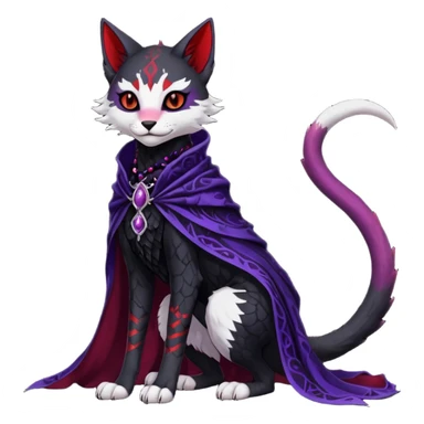 Kawaii feral, four-legged gothic dark badass black, red, purple, beautiful pretty elegant divine edgy feline-vernid-sergal-Trico-fursona-animal-creature, full body, with intricate detailed markings, silken shawl sticker