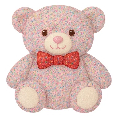 Change the glitter on the teddy bear and bow tie to multicolored glitter, keeping the pink and white fur, flat lighting, no shadows or background, soft plush look, maintain transparency. The style should reflect a soft plush teddy bear with a transparent background and no shadows. sticker