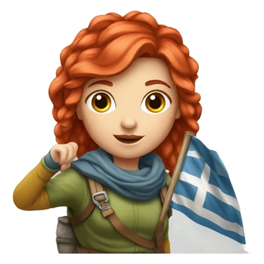 red hair female winter mountaineer offering red Easter eggs and Greek flag sticker