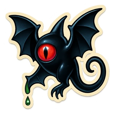 an all black reptilian bat-like creature. One cyclopian red eye in its face. no visible mouth or ears. has a long tale with a stinger that drips green poison sticker