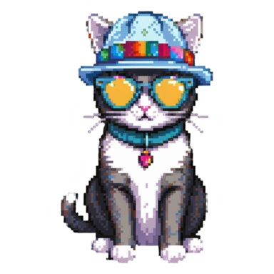 cat wearing sunglasses and a hat sticker