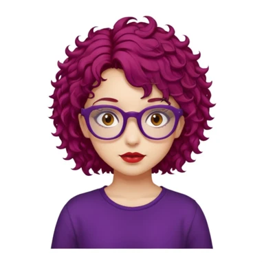 girl, almond brown eyes, red rectangle glasses, curly mid-short hair, deep purple hair, red top, casual-goth sticker