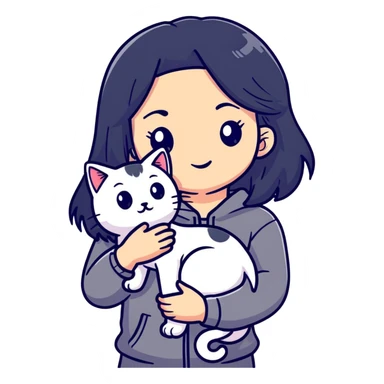 beautiful girl with long black hair holding a hairless cat sticker