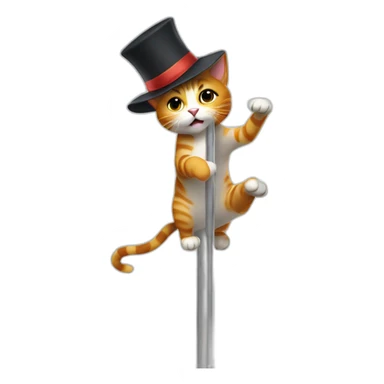 Cat pole-dancing with a hat sticker