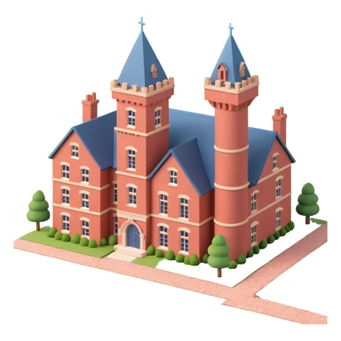 large English country house in red brick with a tower sticker