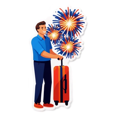 Man holding suitcase of fireworks sticker
