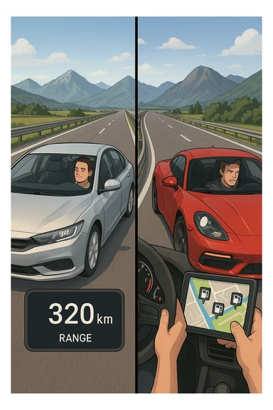 "Split screen highway scene: left side fuel-efficient hybrid car smoothly cruising at optimal speed with digital display showing remaining range 320km, serene driver with relaxed expression; right side gas-guzzling sports car speeding aggressively with fuel gauge rapidly dropping toward empty, stressed driver checking gas stations on GPS, Italian autostrada stretching endlessly ahead, mountain landscape backdrop" sticker