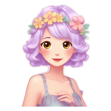 Gorgeous Shiny Colorful Pastel Anime Mature Lady with blushing face and pretty hair with a flower crown pastelcore kawaii cottagecore fairycore aesthetic trending style sticker