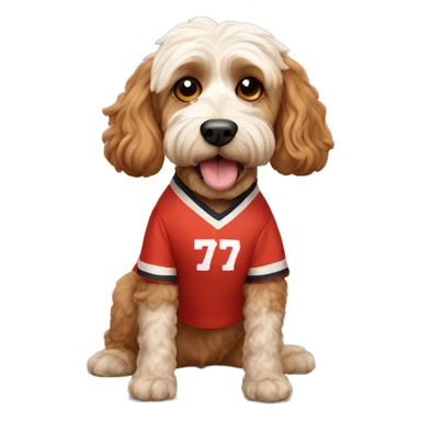Cockapoo dog wearing chief jersey sticker