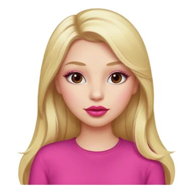 a girl with long eyelashes a pink outfit, long blonde hair, and big lips with red lipstick sticker
