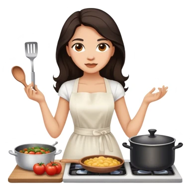 Beautiful woman in 1950’s woman fashion look, white dress, long dark brown hair, cooking sticker