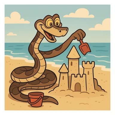 Kaa the snake from The Jungle Book building a sandcastle at the beach, playful cartoon style sticker