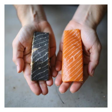two hands each holding a salmon fillet, one gray and one orange, with neutral background, photographic style, 4K resolution sticker