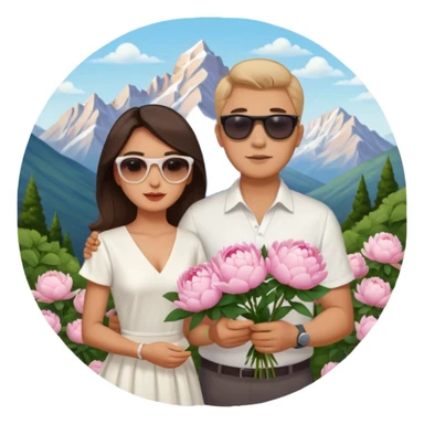 Couple traveling in Montenegro russian man and elegant  Latina girl delicate peonies and mountains in the background  sticker