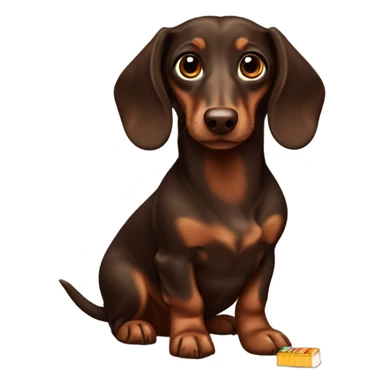 Dark Brown long haired dachs with light Brown eyes and Brown nose with a Choco bar sticker