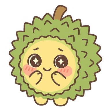 chibi-style round durian character with green spiky shell and yellow flesh, blushing and shy with sparkly eyes, pastel tones sticker