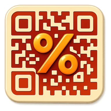 badge featuring a QR code that integrates a large percent sign (%) within it sticker