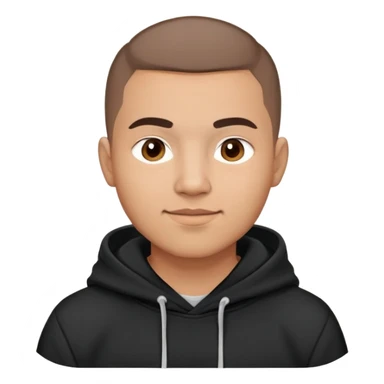 Latino man with light brown warm skin, round face, full cheeks, soft jaw, slight friendly smile, very very short almost buzz cut hair, medium eyebrows, medium eyes, straight nose, medium lips, wearing black hoodie with white logo, practical and hardworking vibe sticker
