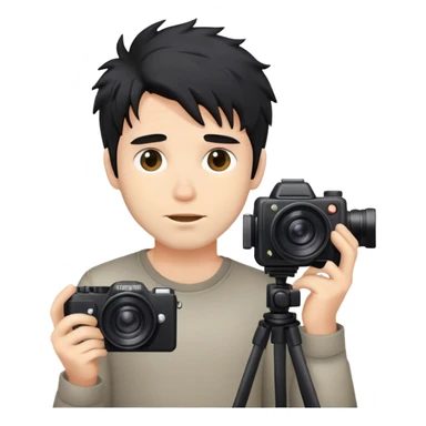 a man with black messy hair with one camera sticker