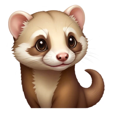 Cinematic Cute Ferret Portrait Emoji, Head tilted playfully, with an elongated, flexible body and a characteristically curious expression, featuring a short, pointed snout, bright, sparkling eyes, and soft fur in warm brown and cream tones, Simplified yet irresistibly adorable features, highly detailed, glowing with a warm, friendly glow, high shine, affectionate and lively, stylized with a touch of whimsical mischief, soft glowing outline, capturing the essence of a fun-loving and mischievous ferret that feels like it could scamper straight into your heart! sticker