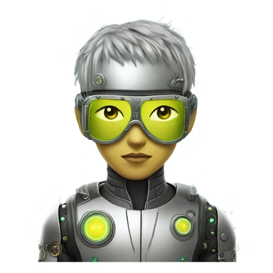 Neon yellow short hair Asian male cyborg head with silver steampunk goggles and circuits sticker