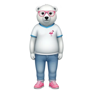 friendly anthropomorphised polar bear standing upright, chilled and unbothered, wearing a shirt, jeans, trainers, glasses with flamingo frame design sticker