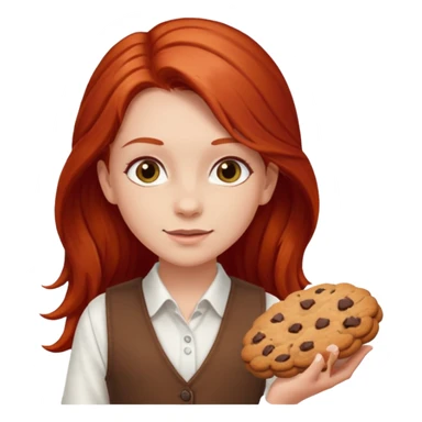white girl scout with red long hair selling cookies with a brown vest and white shirt under vest. She should be around 10 years old sticker