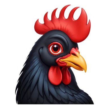 Cinematic Cute Black Rooster Portrait Emoji, Head tilted playfully and inquisitively, featuring a glossy, immaculate black plumage with a vibrant red comb, round, sparkling eyes filled with curiosity, Simplified yet irresistibly adorable features, highly detailed, glowing with a warm, friendly glow, high shine, affectionate and spirited, stylized with a touch of farmyard whimsy, bright and endearing, soft glowing outline, capturing the essence of a mischievous yet loving rooster, so playful it feels like it could strut out of the screen and into your arms! sticker