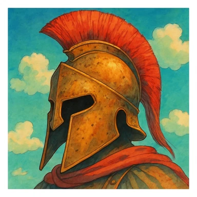 Spartan warrior helmet, ghibli style, detailed, artistic, vibrant colors sticker