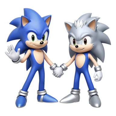 Blue Sonic the Hedgehog and silver-colored Silver the Hedgehog holding hands together side by side sticker