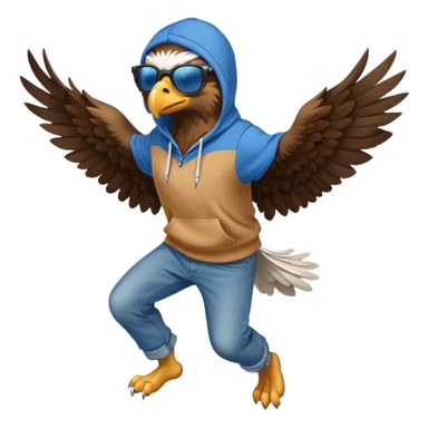 friendly anthropomorphised eagle with arms in a hoodie and jeans jumping and wearing sunglasses sticker