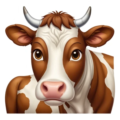 Cinematic Noble Brown and White Cow Portrait Emoji, Poised and regal, with a large, sturdy build and a beautifully patterned hide of rich brown accented by crisp white patches, deep-set soulful brown eyes, Simplified yet sharp and sophisticated features, highly detailed, glowing with a soft, dignified glow, high shine, intelligent and calm, stylized with an air of pastoral majesty, focused and attentive, soft glowing outline, capturing the essence of a watchful and confident bovine guardian, so majestic it feels as though it could amble out of the screen with effortless authority! sticker