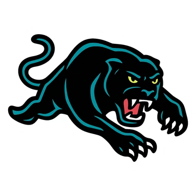 Penrith Panthers rugby league logo, fierce panther head, black and teal, bold lines, minimal background sticker