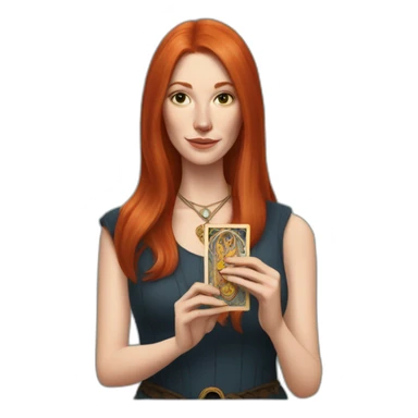 redhead white woman medium long straight hair, holding a tarot card in her hand sticker