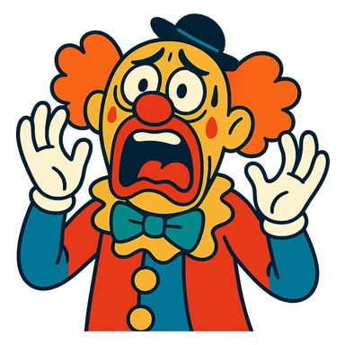 very scared clown, mouth open in scream, exaggerated frightened expression sticker