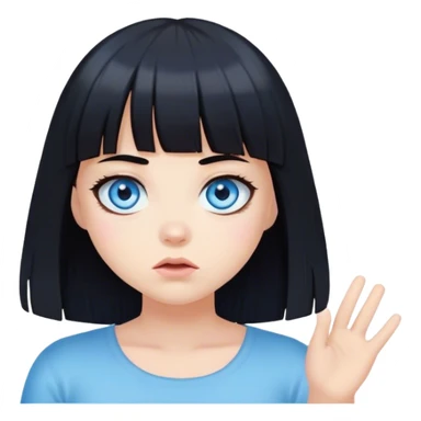 Girl with blue eyes and black hair with bangs shrugging sticker