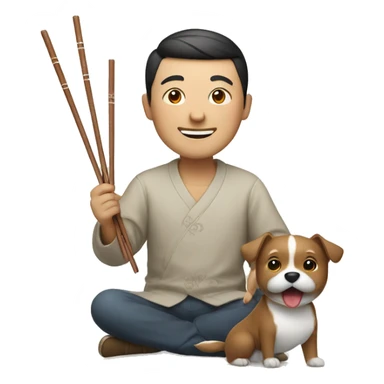 Chinese man with chopsticks smiling with dog sticker